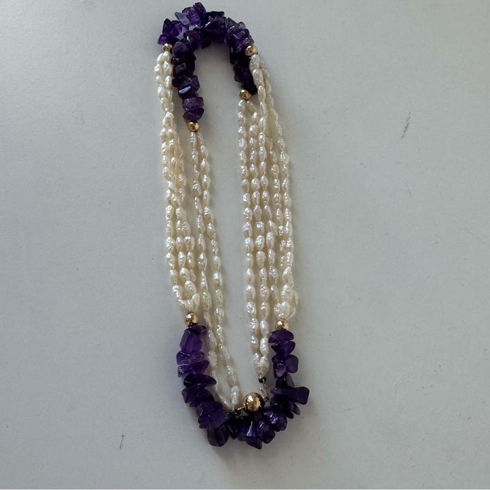 Elegant Pearl and Purple Amethyst Stone Necklace